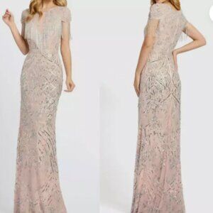 MAC DUGGAL 4715 EMBELLISHED FRINGE CAP SLEEVE PLATINUM TRUMPET GOWN sz 4